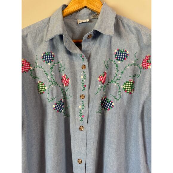 Vintage 80s Button Up Top Sz 20W Chambray Denim Embroidery Grannny Cottage Chic - Picture 3 of 6